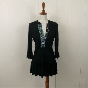 Free People Embroidered Smocked Ruffle Henley 3/4 Sleeve Tunic Top